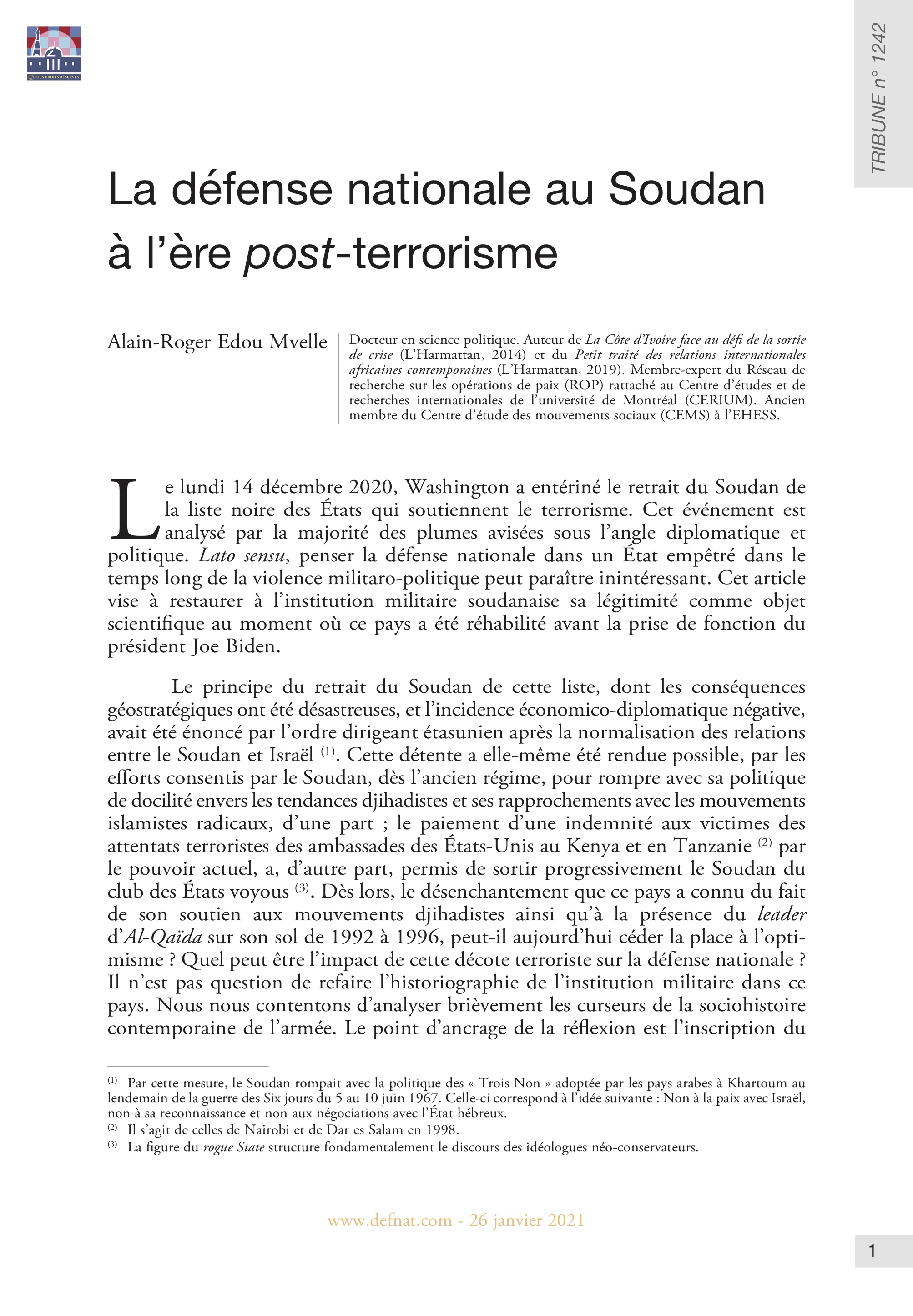 La défense nationale au Soudan à l’ère post-terrorisme (T 1242)
